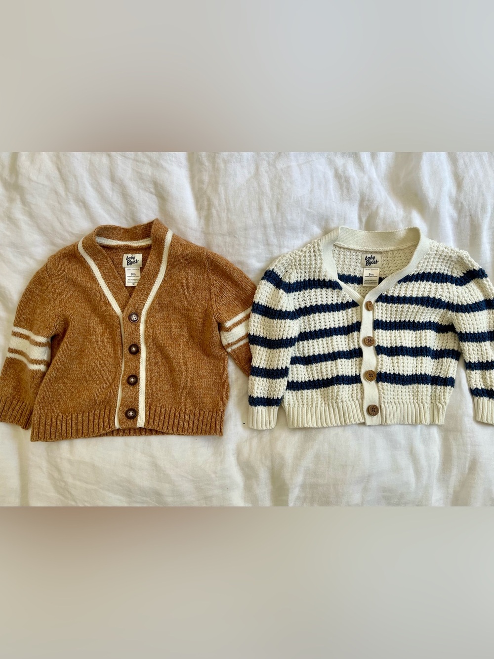 LIKE NEW OshKosh Set of 2 Baby Cardigan Sweaters - Tan & Cream/Navy Striped 9 mo